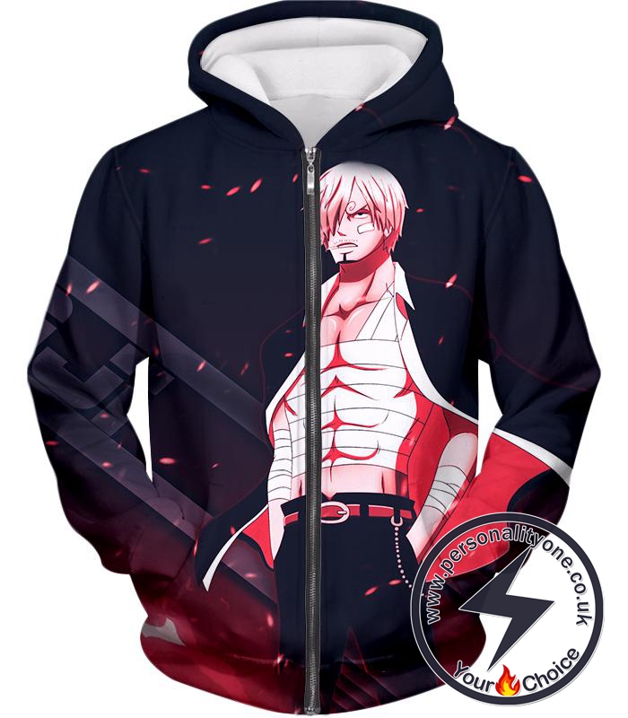 One Piece Handsome Smoking Pirate Prince Vinsmoke Sanji Cool Black Zip Up Hoodie